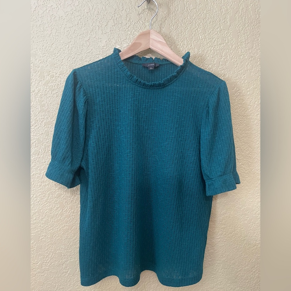 J. Crew Teal Knit Short-Sleeve Ruffle Neck Top